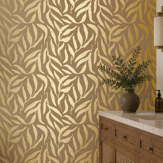Olive Leaf Wallpaper in Caramel Latte with Gold Foil