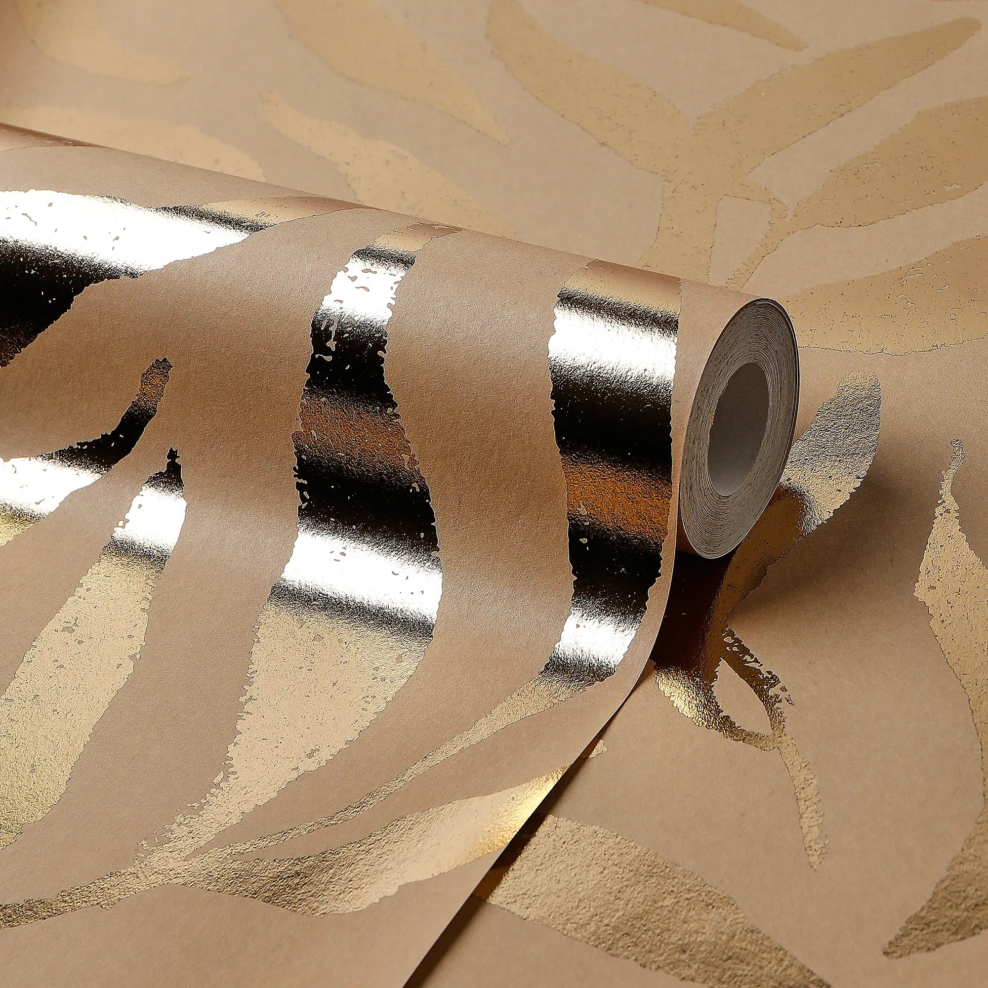 Olive Leaf Wallpaper in Caramel with Gold Foil