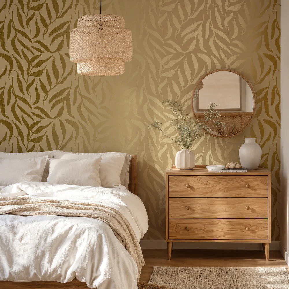 Olive Leaf Wallpaper in Caramel with Gold Foil