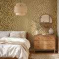 Olive Leaf Wallpaper in Caramel with Gold Foil