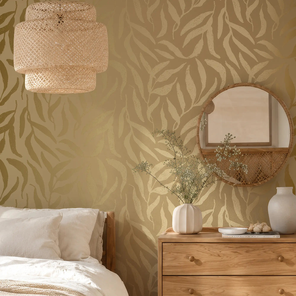 Olive Leaf Wallpaper in Caramel with Gold Foil