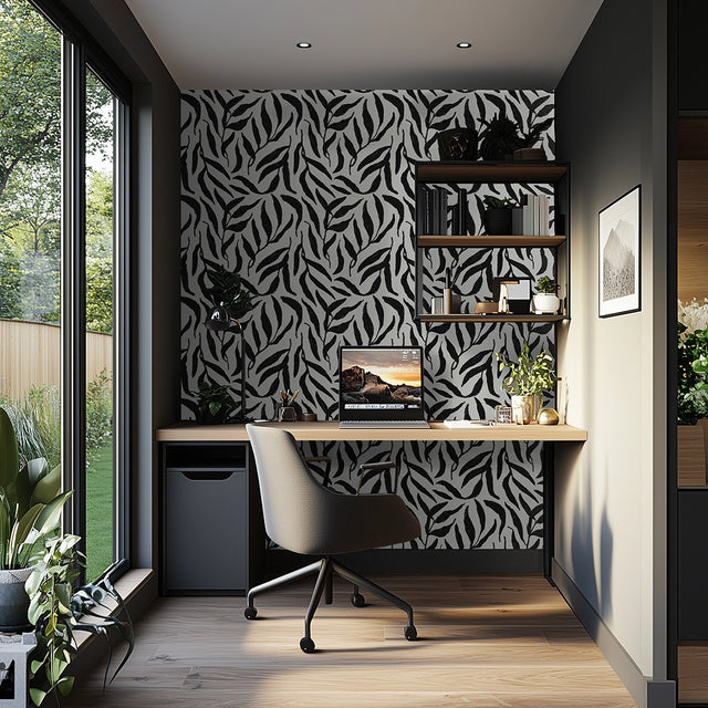Olive Leaf Wallpaper in Charcoal on White