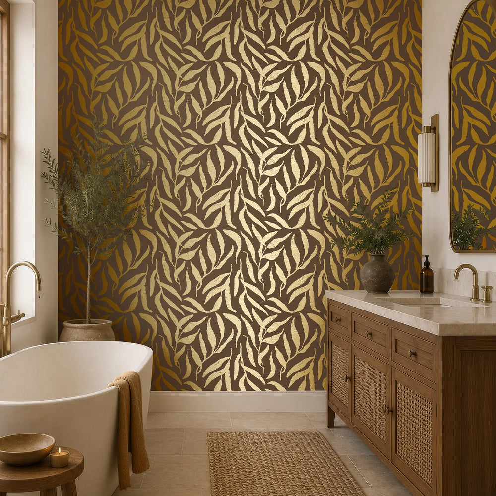 Olive Leaf Wallpaper in Chocolate with Gold Foil