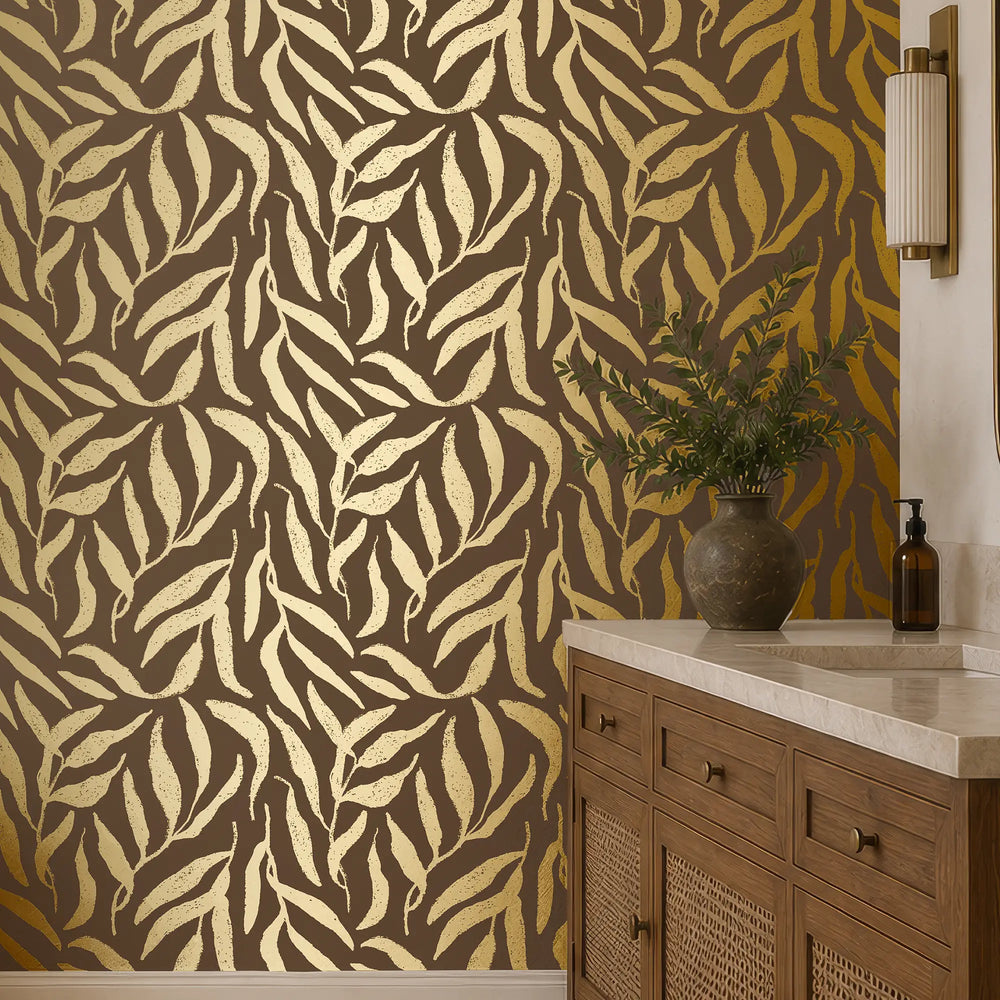 Olive Leaf Wallpaper in Chocolate with Gold Foil