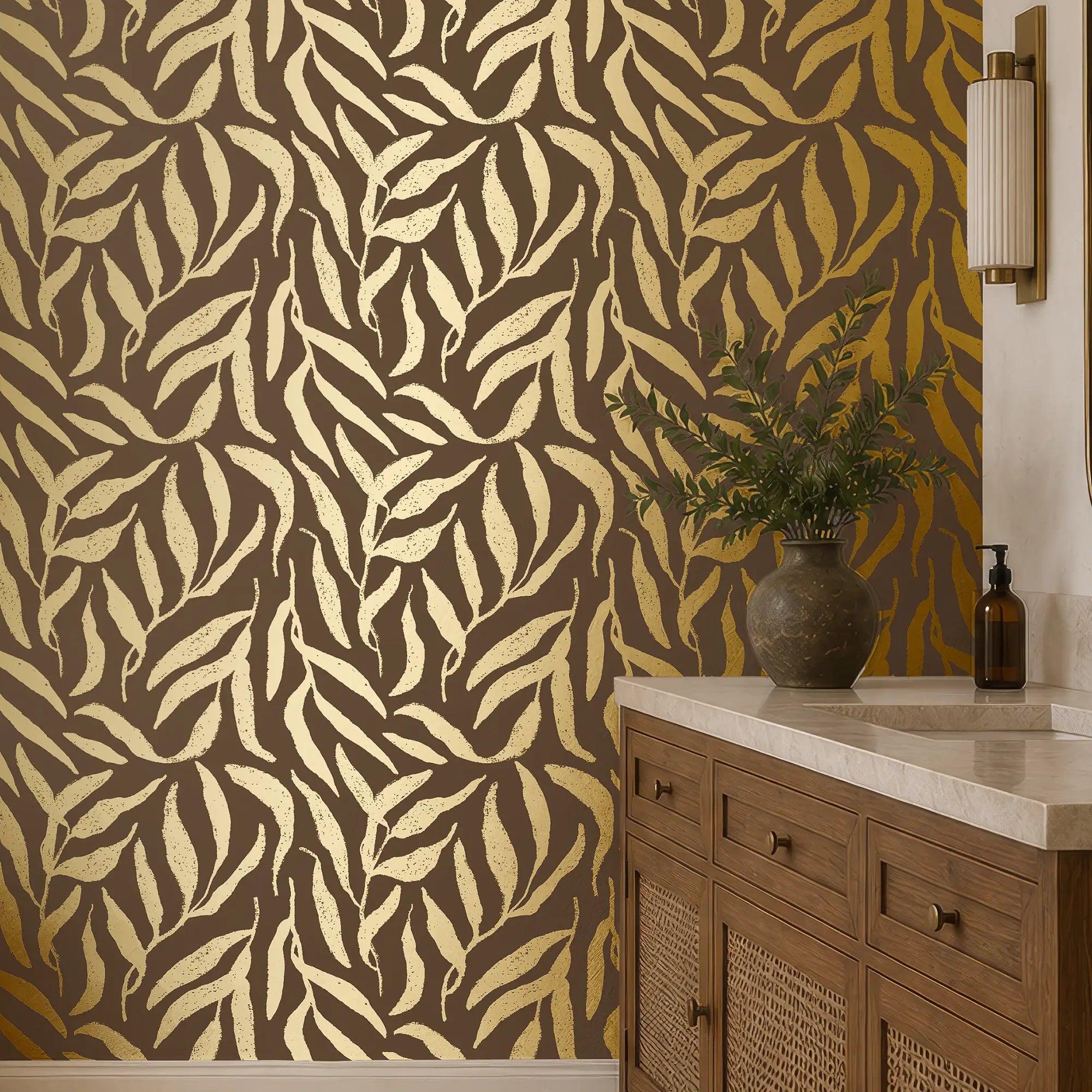 Olive Leaf Wallpaper in Chocolate with Gold Foil