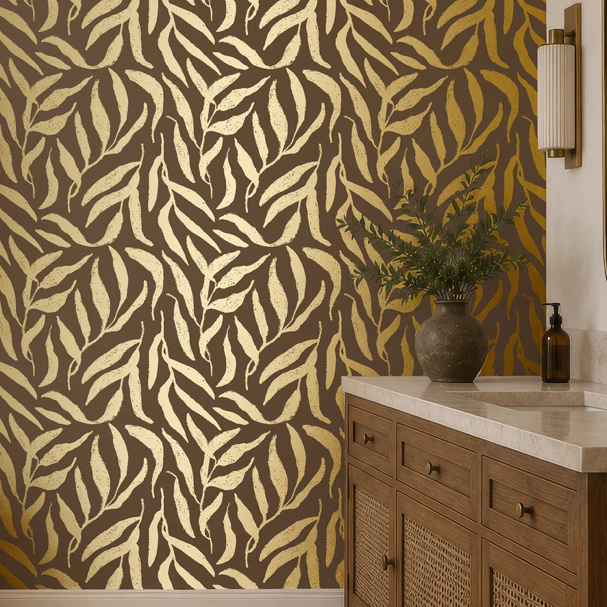 Olive Leaf Wallpaper in Chocolate with Gold Foil
