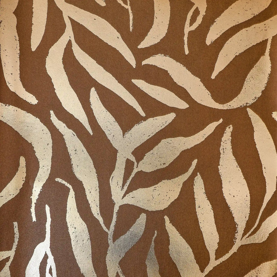 Olive Leaf Wallpaper in Chocolate with Gold Foil