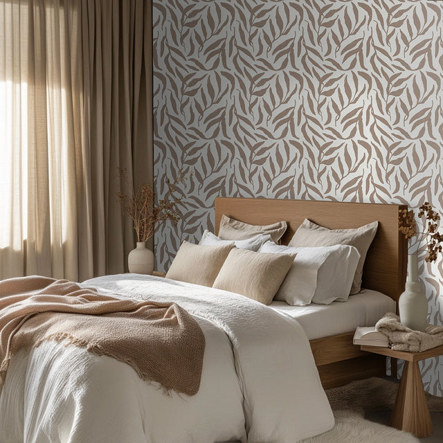 Olive Leaf Wallpaper in Coffee on Cream