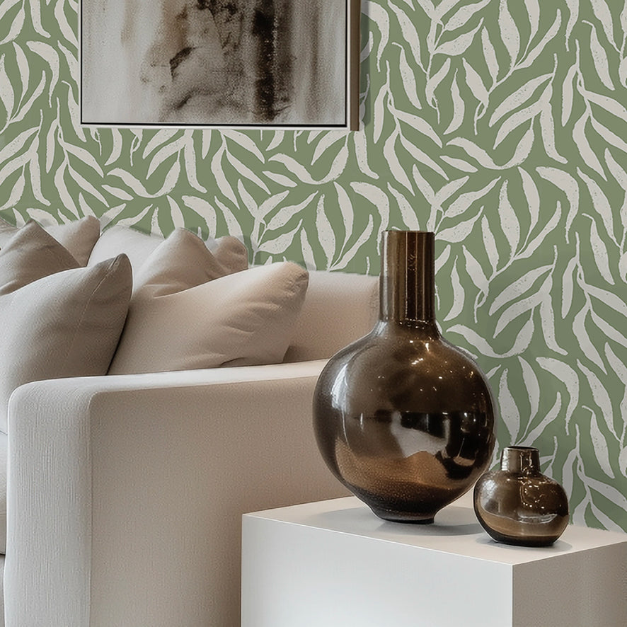 Olive Leaf Wallpaper in Cream on Pistachio