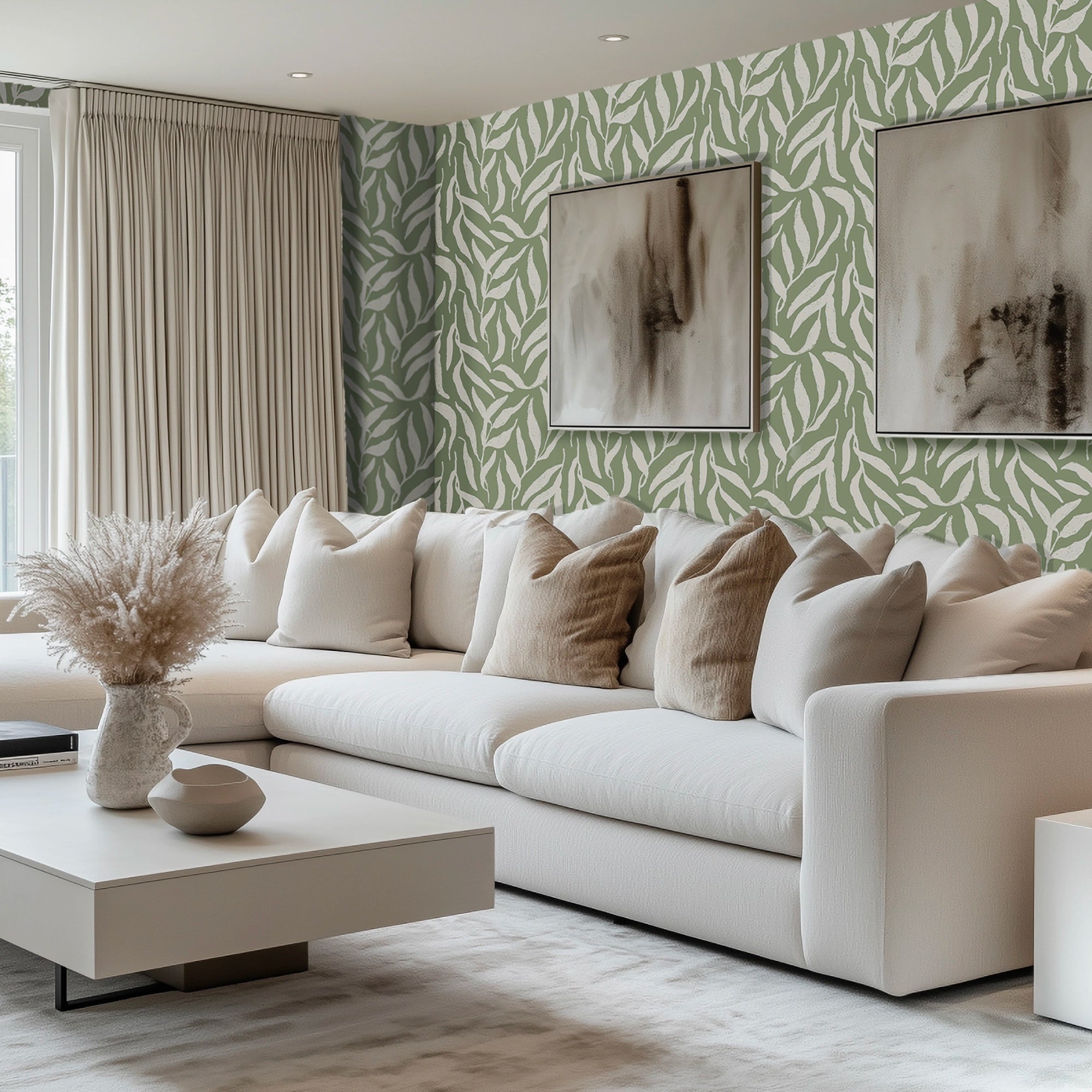 Olive Leaf Wallpaper in Cream on Pistachio