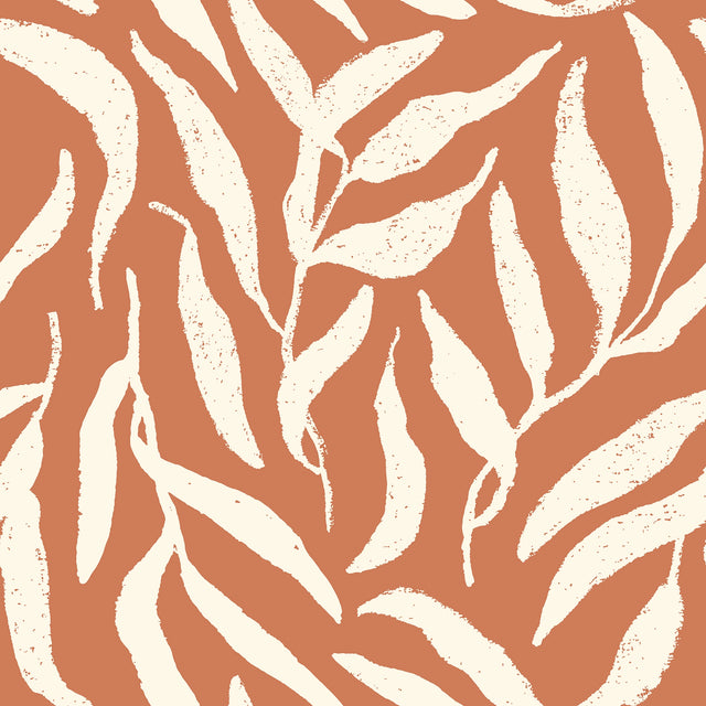 Olive Leaf Wallpaper in Cream on Terracotta