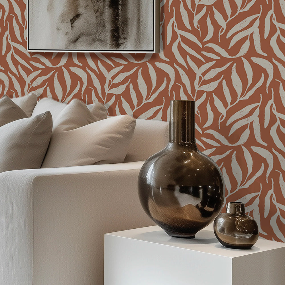 Olive Leaf Wallpaper in Cream on Terracotta