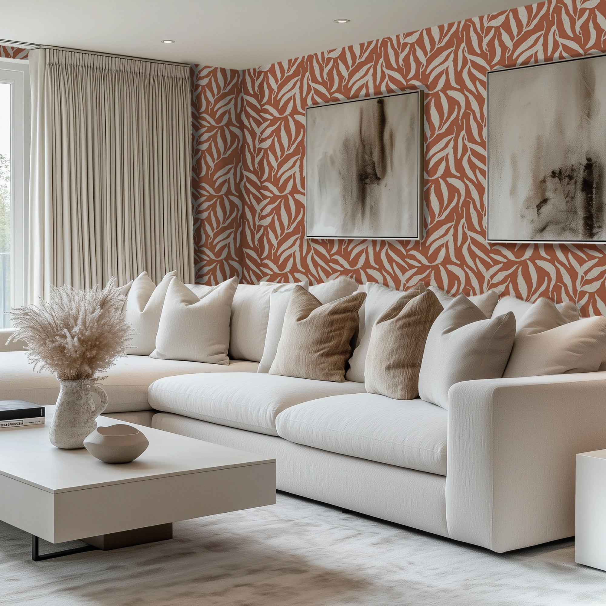 Olive Leaf Wallpaper in Cream on Terracotta