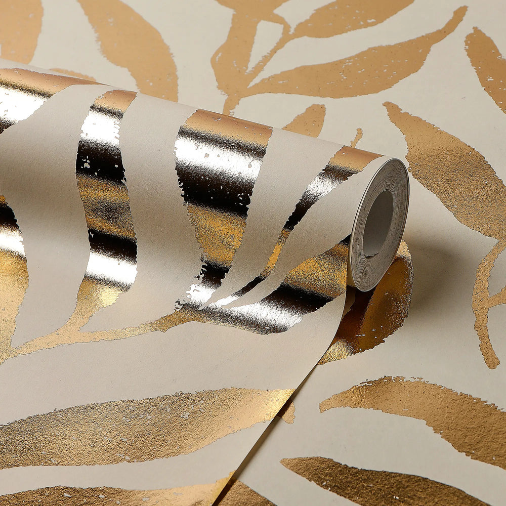 Olive Leaf Wallpaper in Cream with Gold Foil