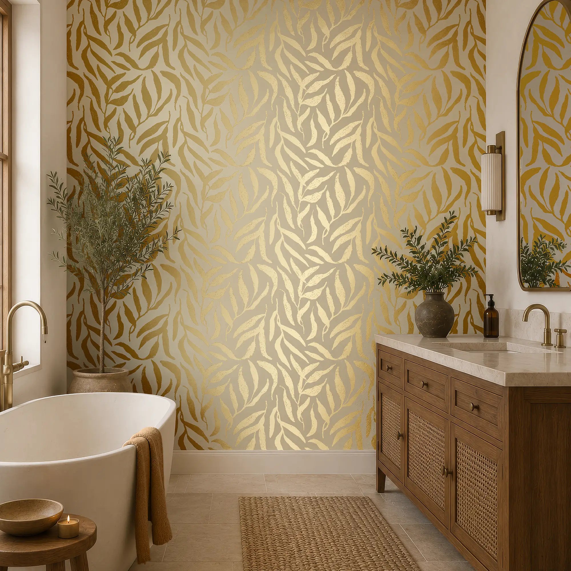 Olive Leaf Wallpaper in Cream with Gold Foil