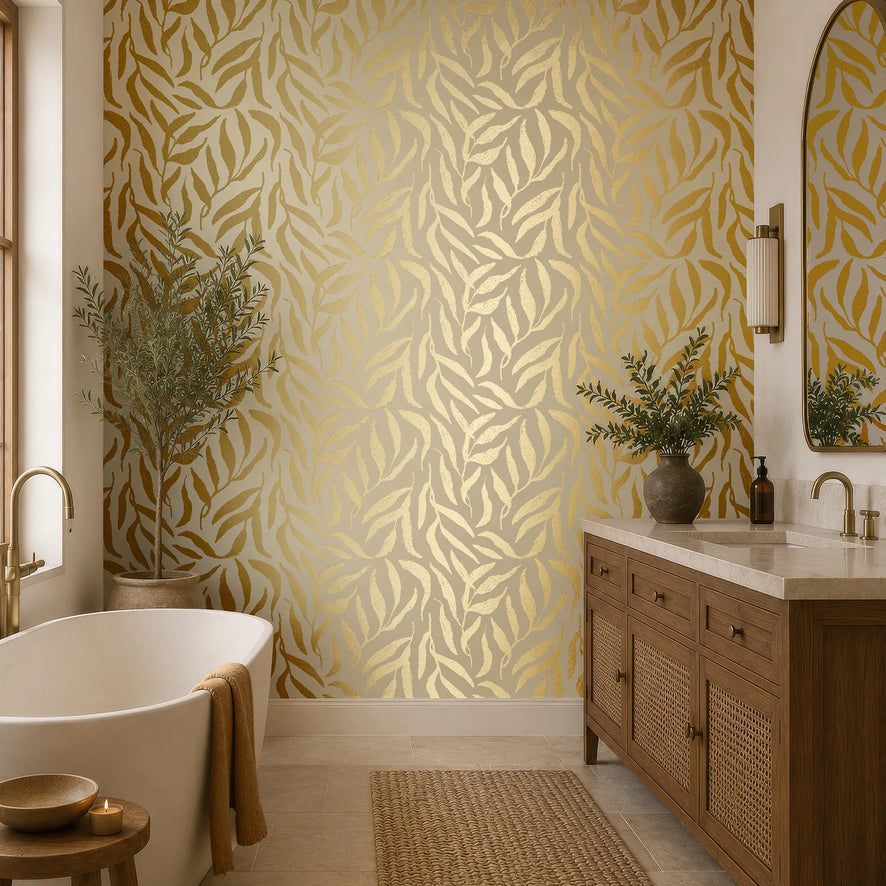 Olive Leaf Wallpaper in Cream with Gold Foil