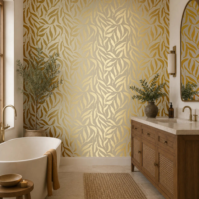 Olive Leaf Wallpaper in Cream with Gold Foil