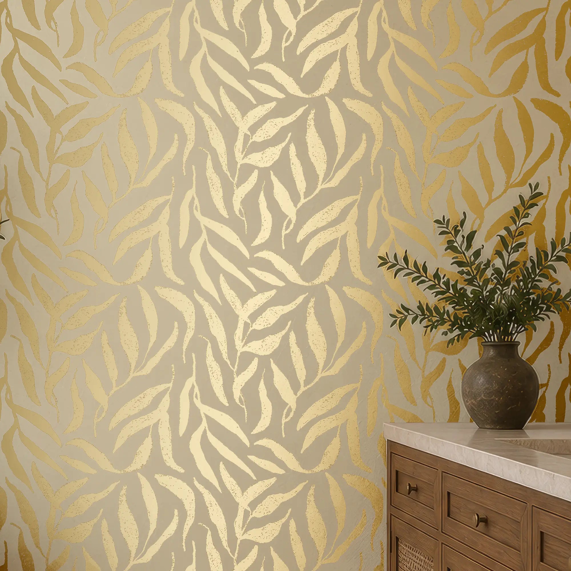 Olive Leaf Wallpaper in Cream with Gold Foil