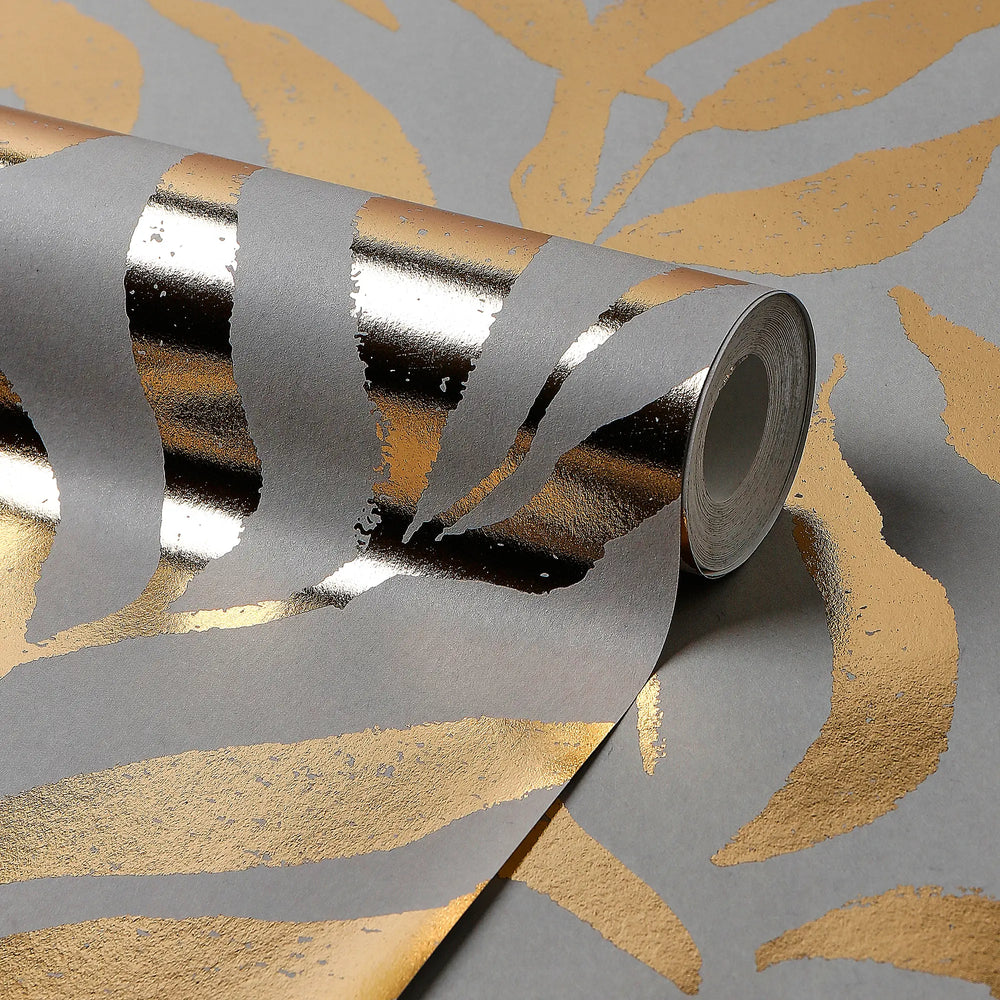 Olive Leaf Wallpaper in Grey with Gold Foil
