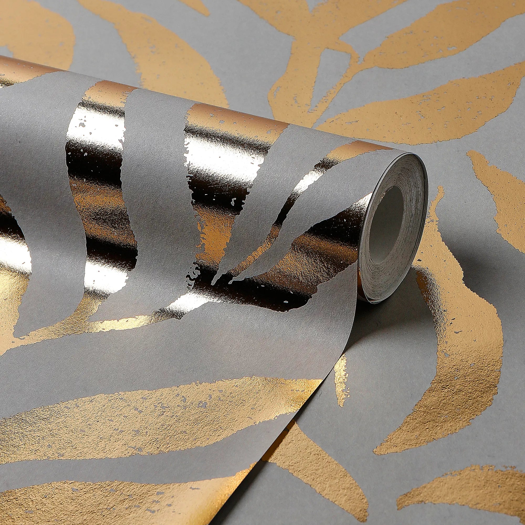 Olive Leaf Wallpaper in Grey with Gold Foil