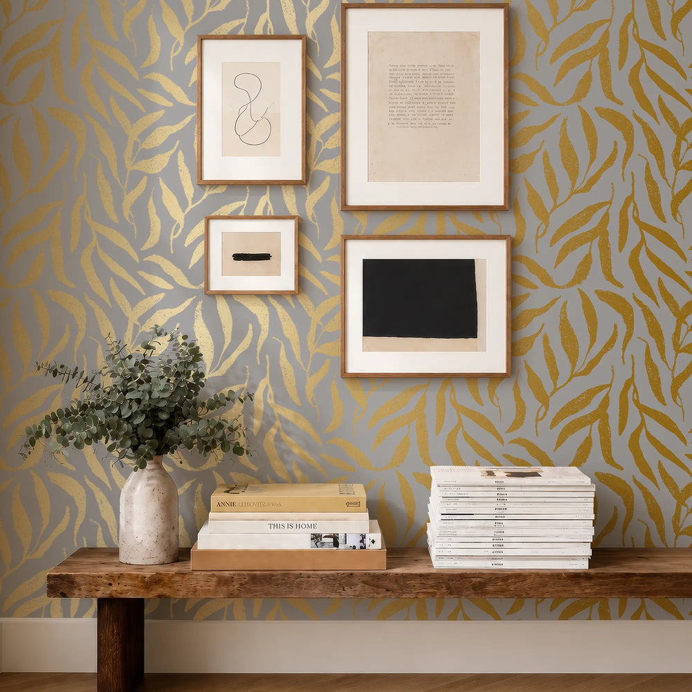 Olive Leaf Wallpaper in Grey with Gold Foil