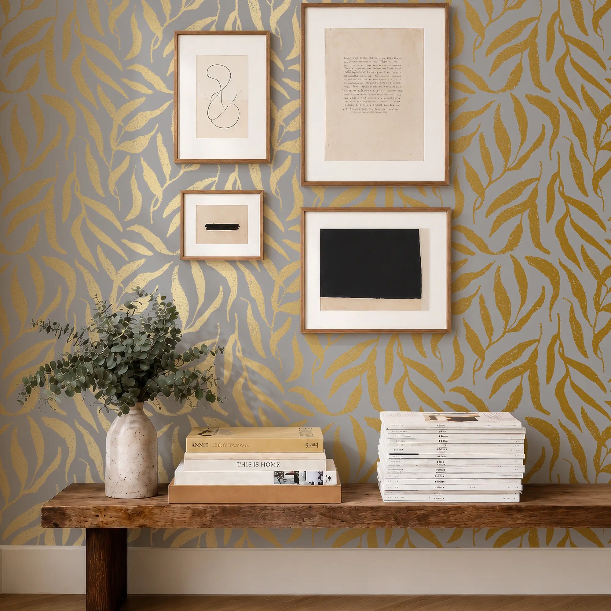 Olive Leaf Wallpaper in Grey with Gold Foil