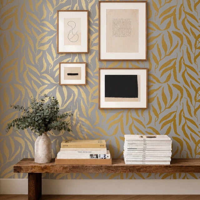 Olive Leaf Wallpaper in Grey with Gold Foil