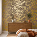 Olive Leaf Wallpaper in Mocha with Gold Foil