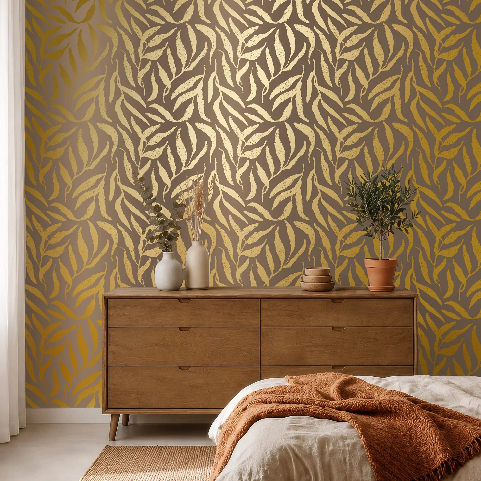 Olive Leaf Wallpaper in Mocha with Gold Foil