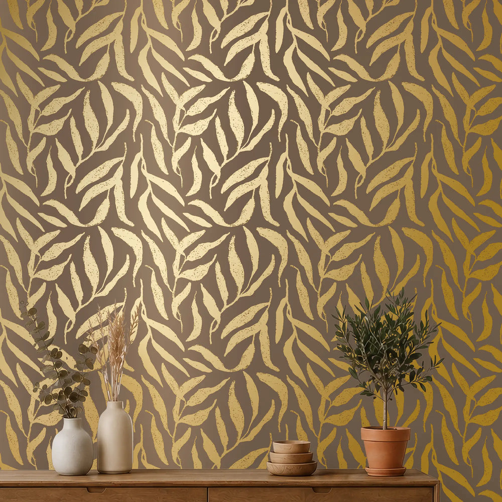 Olive Leaf Wallpaper in Mocha with Gold Foil