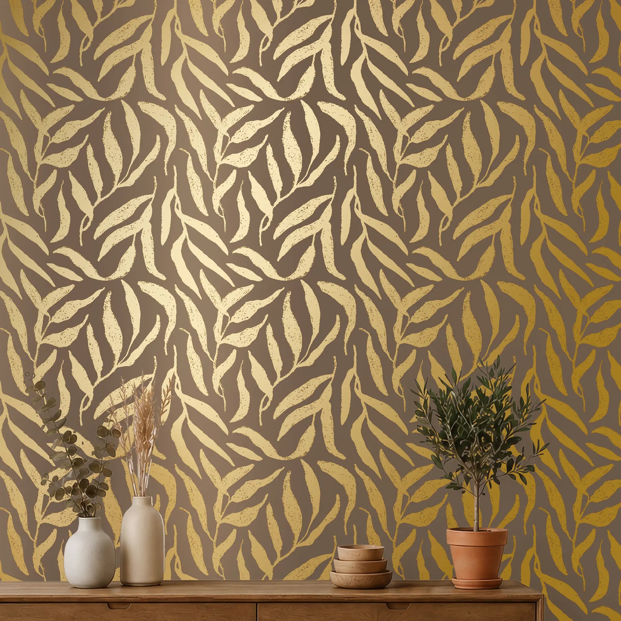 Olive Leaf Wallpaper in Mocha with Gold Foil
