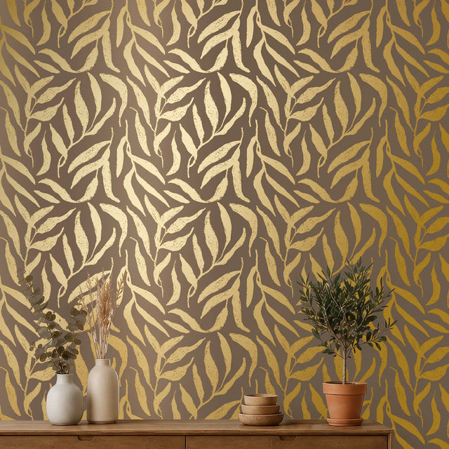 Olive Leaf Wallpaper in Mocha with Gold Foil