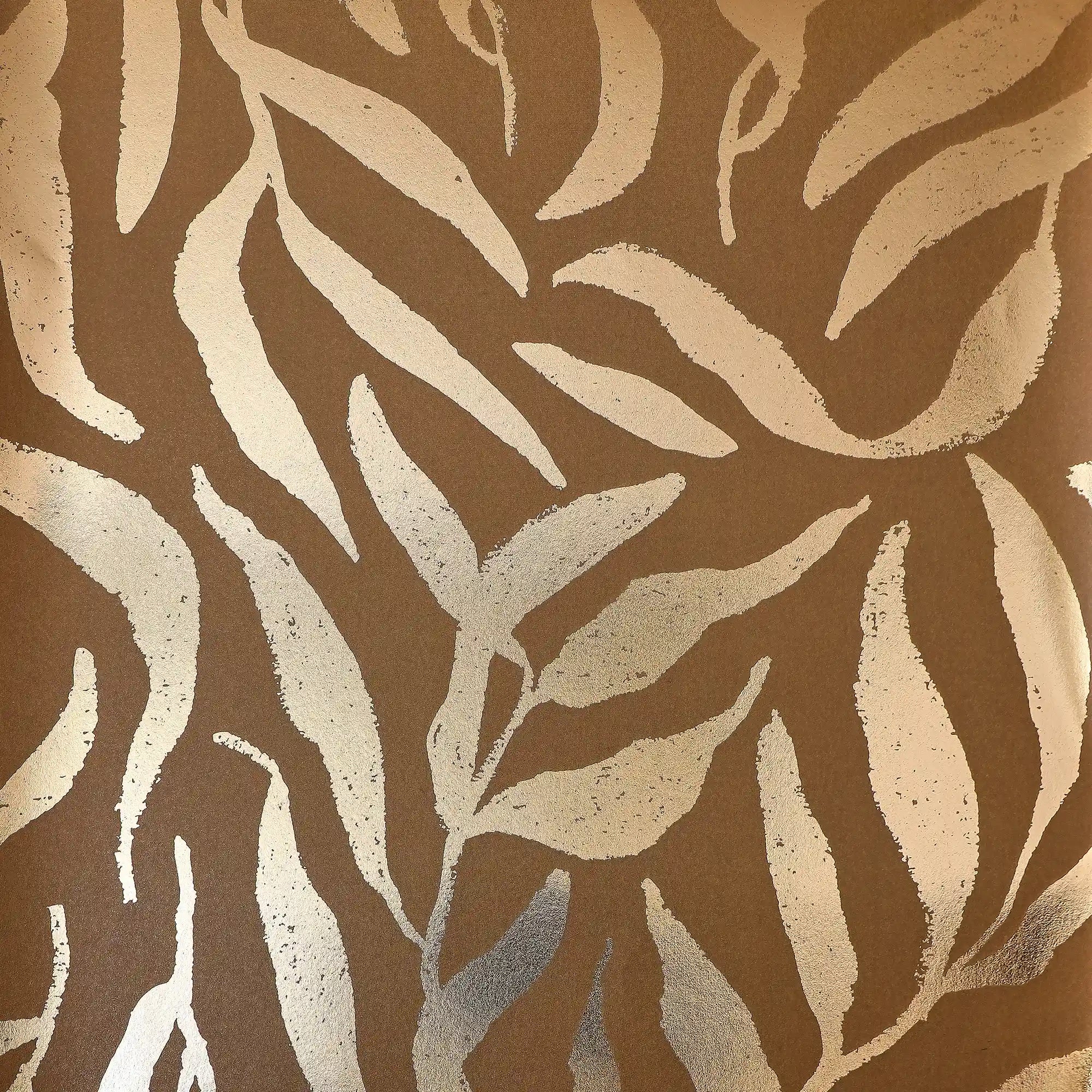 Olive Leaf Wallpaper in Mocha with Gold Foil