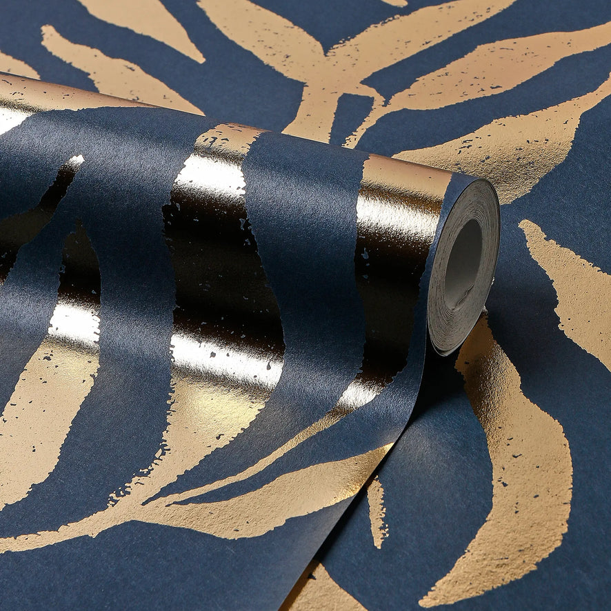 Olive Leaf Wallpaper in Navy with Gold Foil