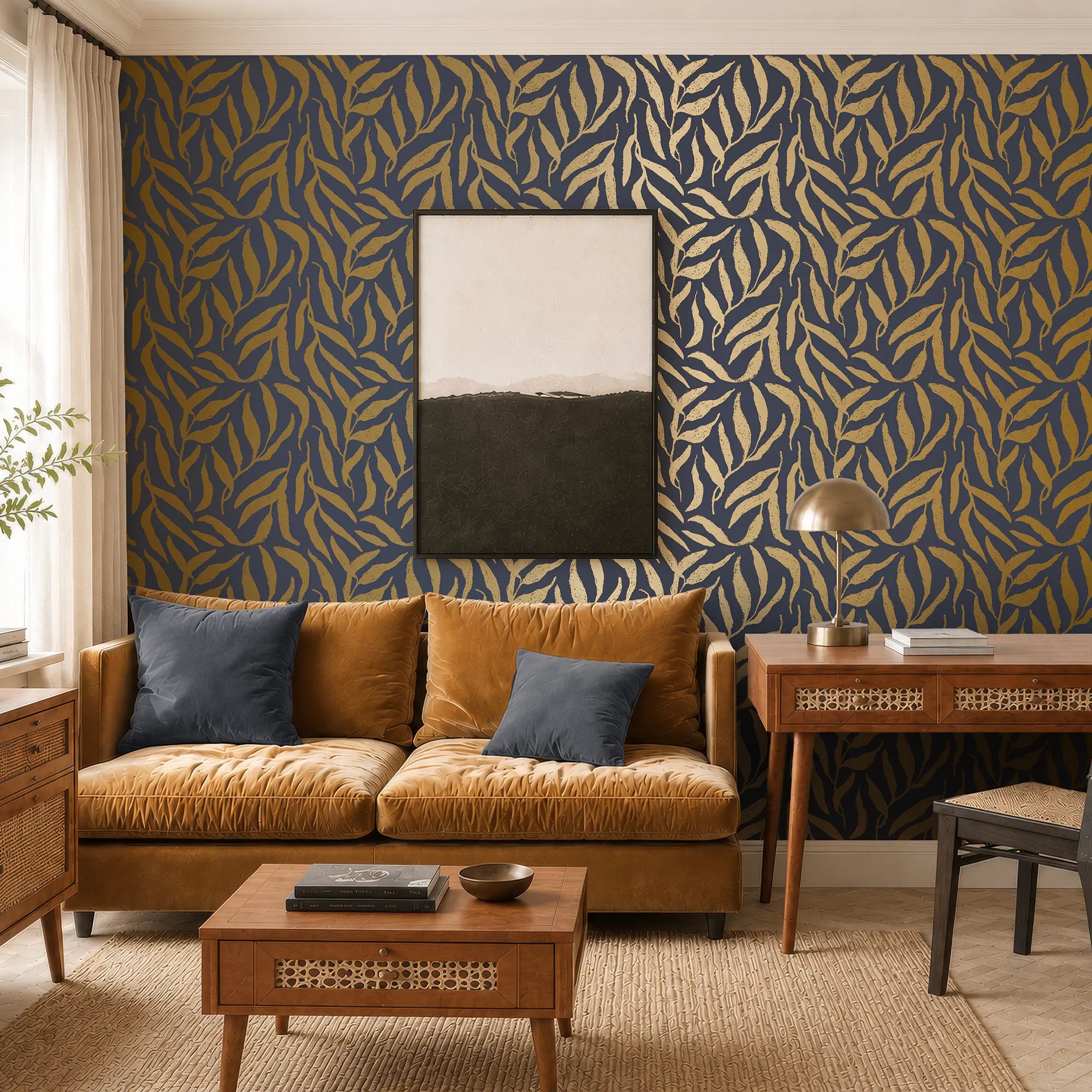 Olive Leaf Wallpaper in Navy with Gold Foil