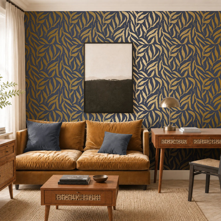Olive Leaf Wallpaper in Navy with Gold Foil