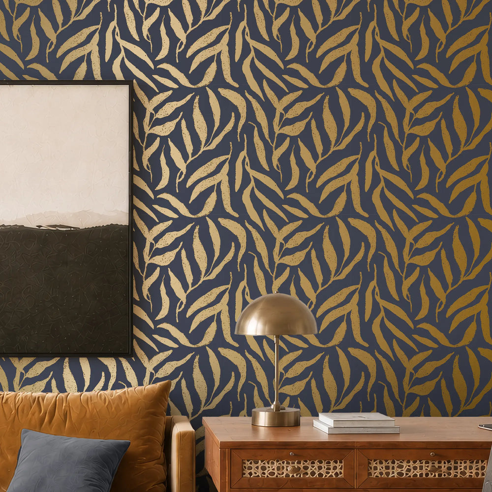 Olive Leaf Wallpaper in Navy with Gold Foil