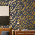 Olive Leaf Wallpaper in Navy with Gold Foil