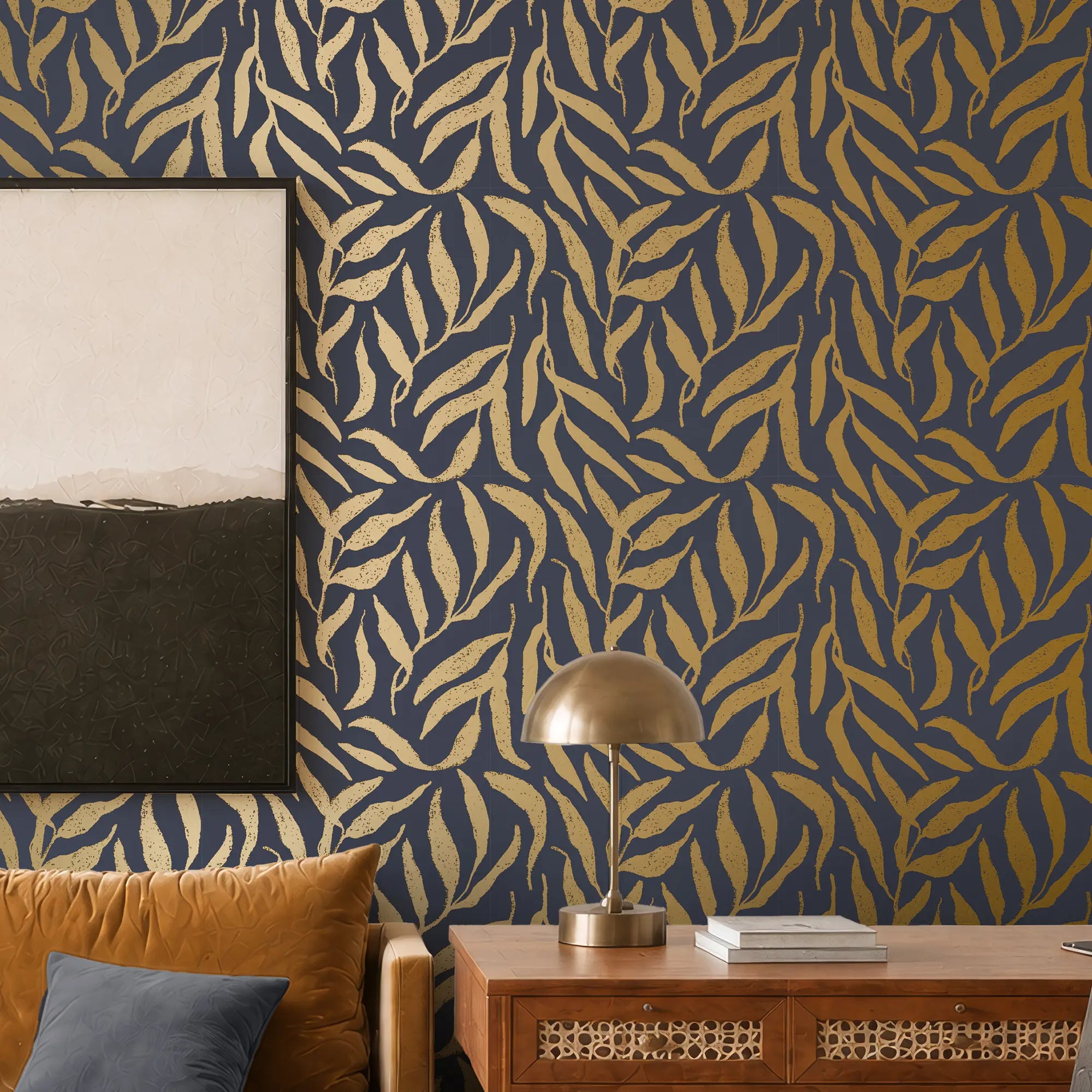 Olive Leaf Wallpaper in Navy with Gold Foil