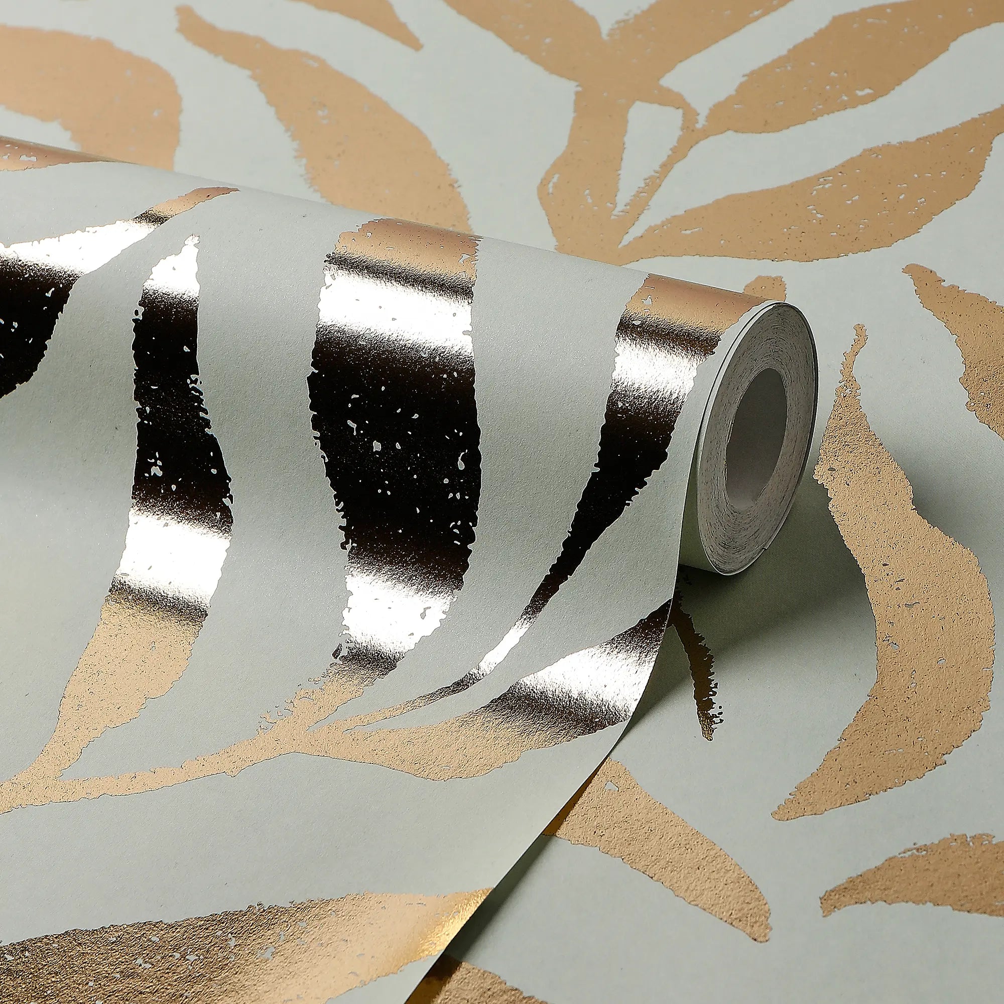 Olive Leaf Wallpaper in Pale Green with Gold Foil