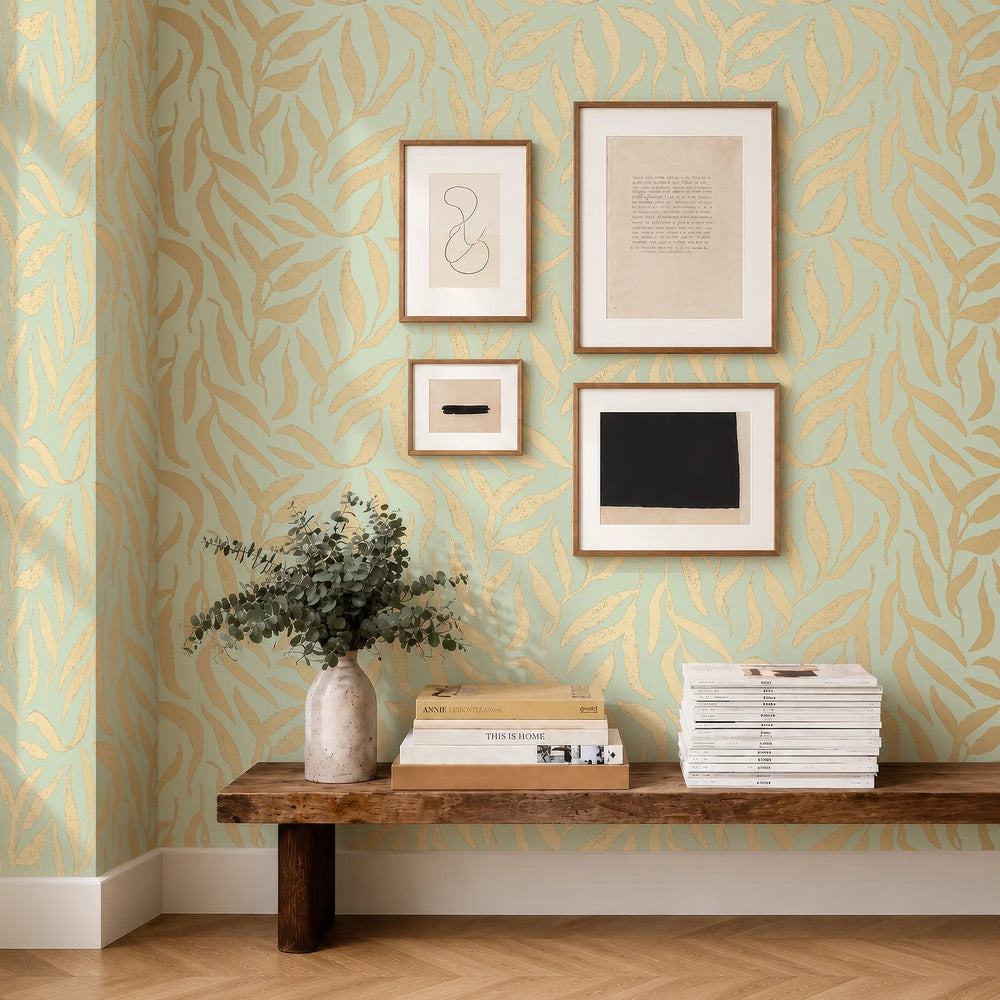 Olive Leaf Wallpaper in Pale Green with Gold Foil