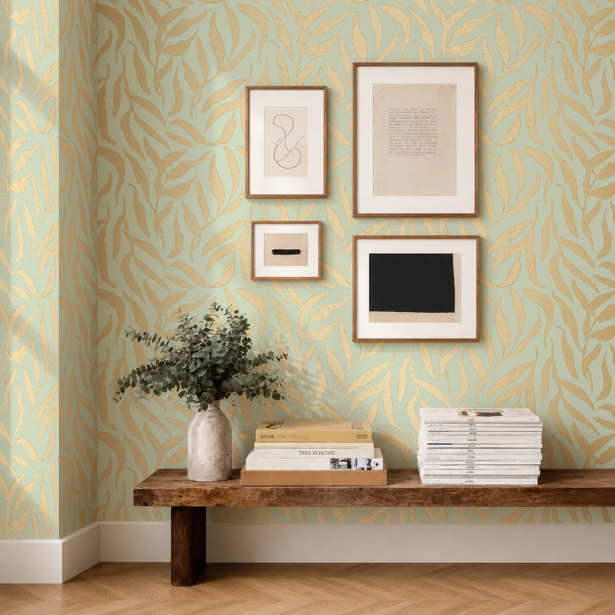 Olive Leaf Wallpaper in Pale Green with Gold Foil