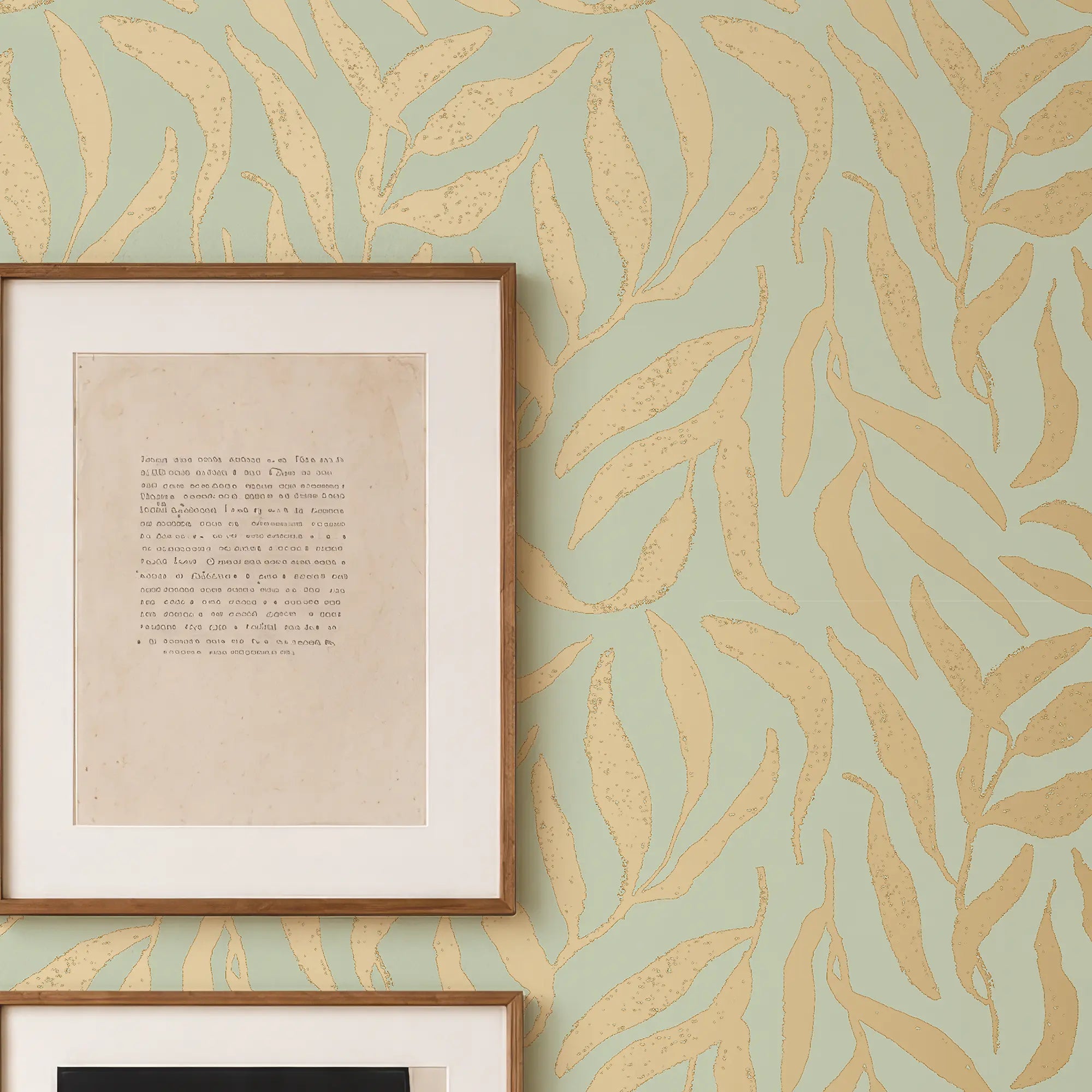 Olive Leaf Wallpaper in Pale Green with Gold Foil