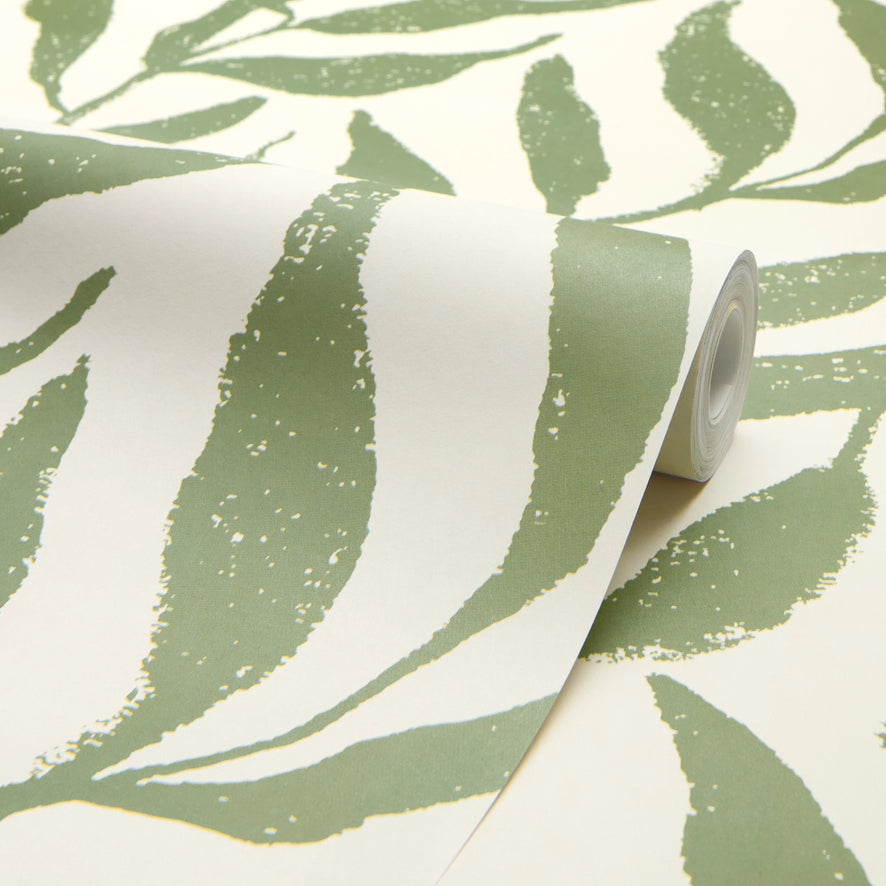 Olive Leaf Wallpaper in Pistachio on Cream