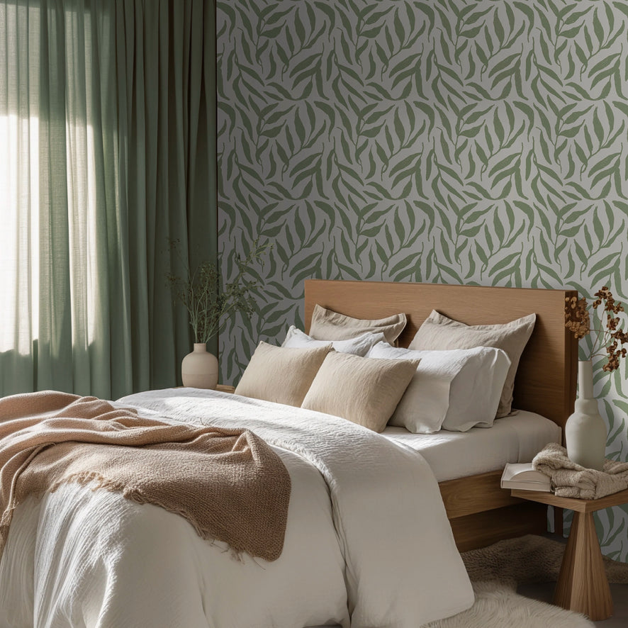 Olive Leaf Wallpaper in Pistachio on Cream