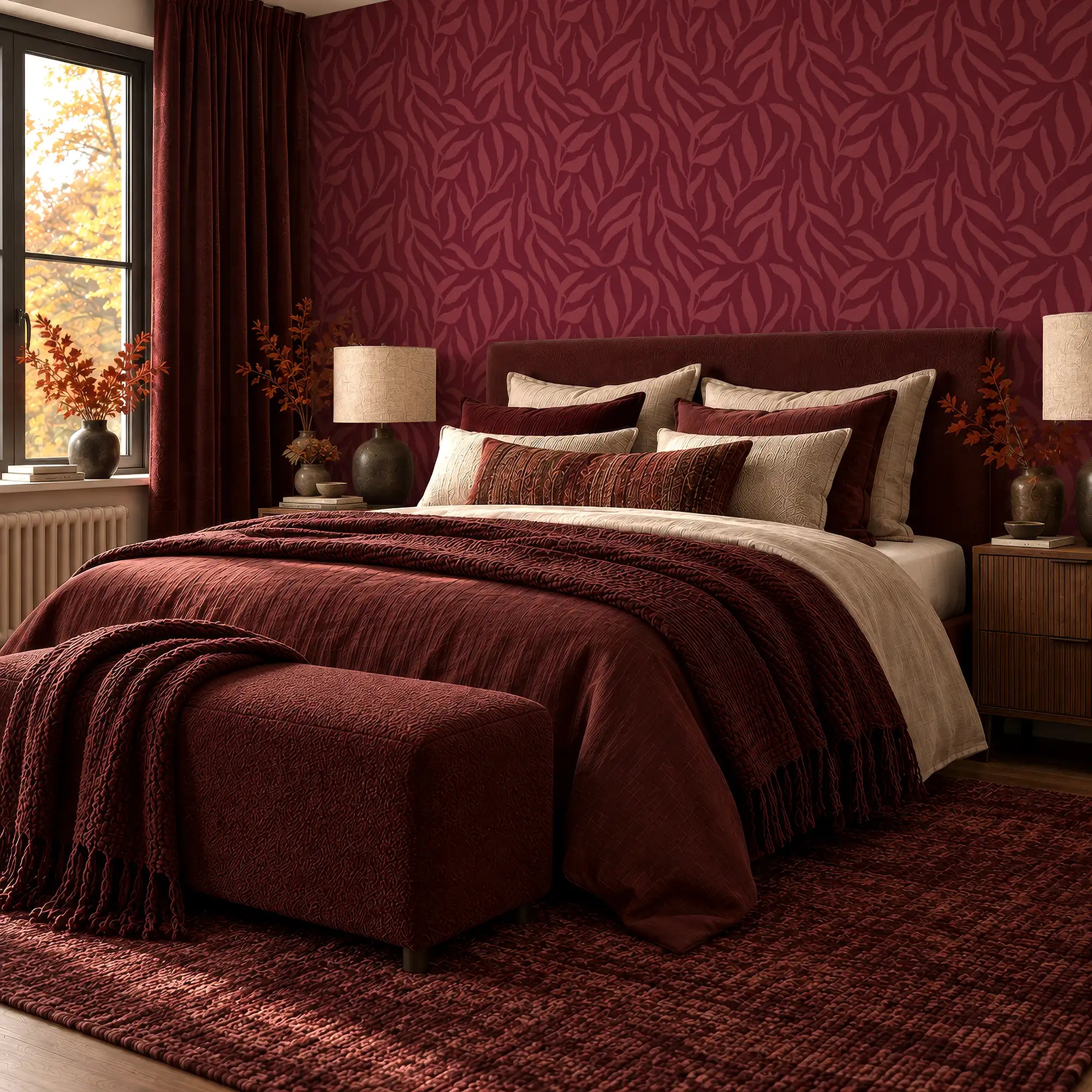 Olive Leaf Wallpaper in Ruby