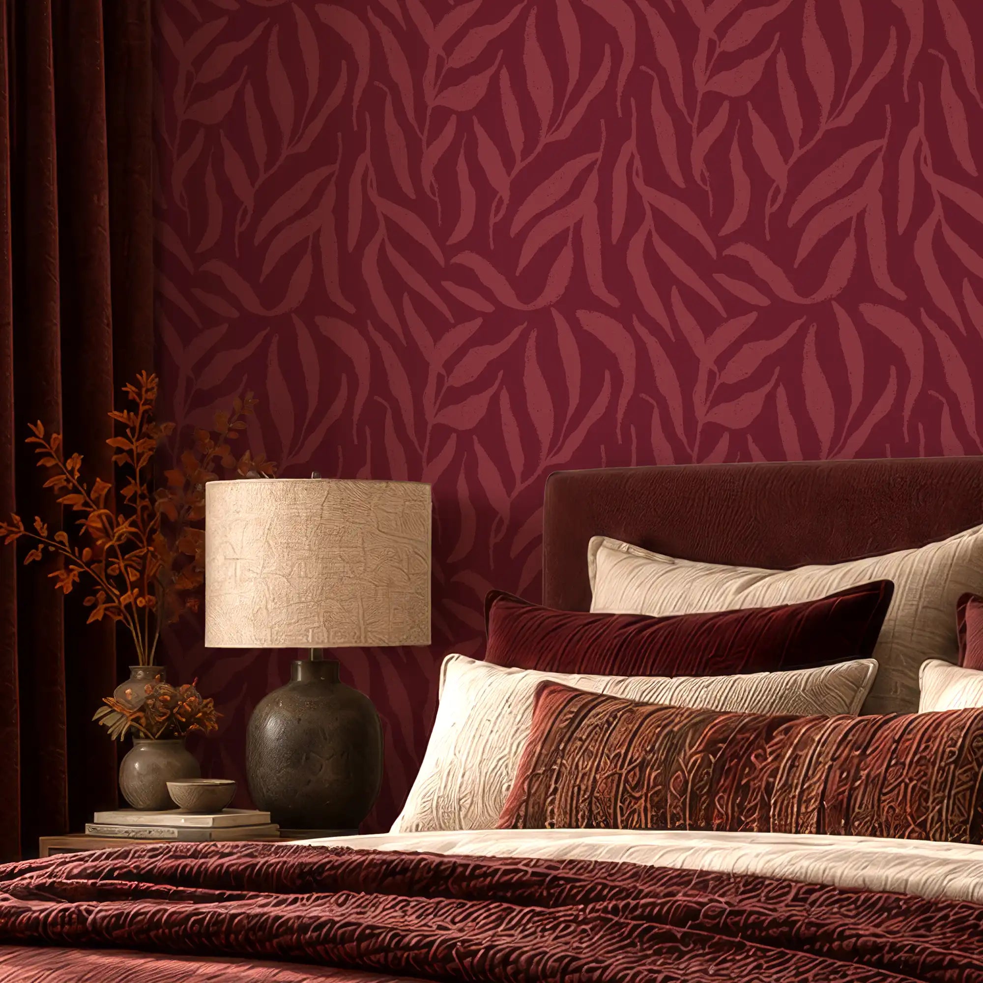 Olive Leaf Wallpaper in Ruby