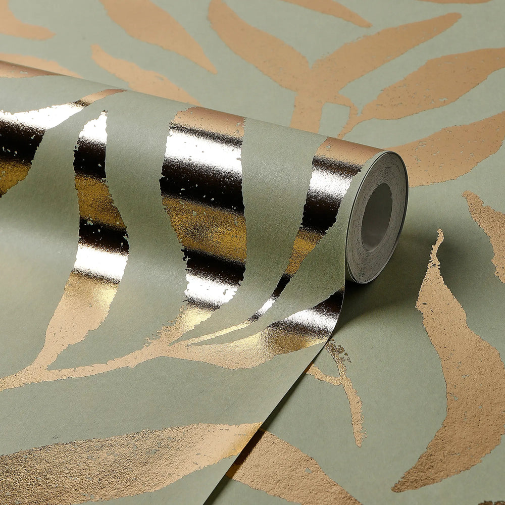 Olive Leaf Wallpaper in Sage Green with Gold Foil