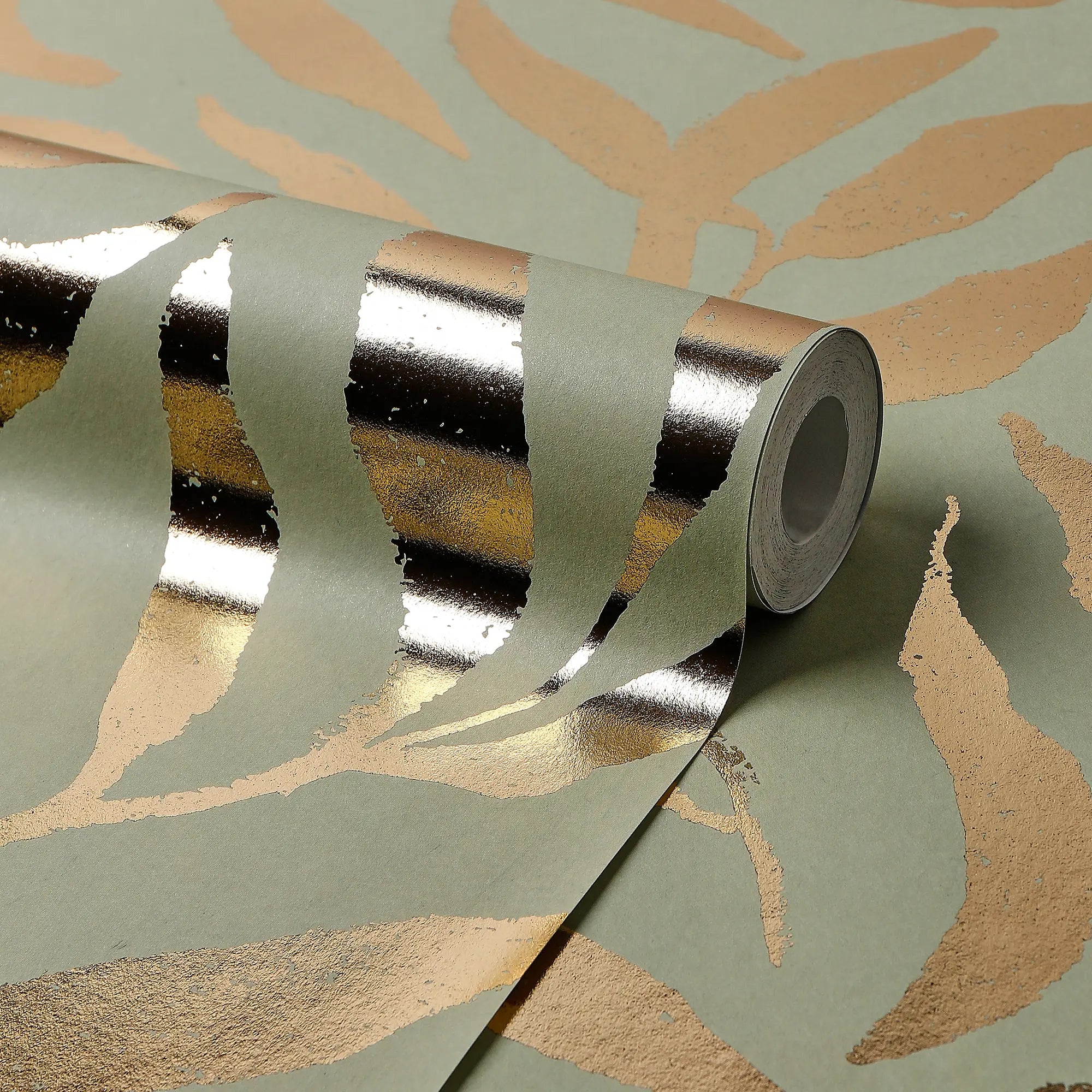 Olive Leaf Wallpaper in Sage Green with Gold Foil