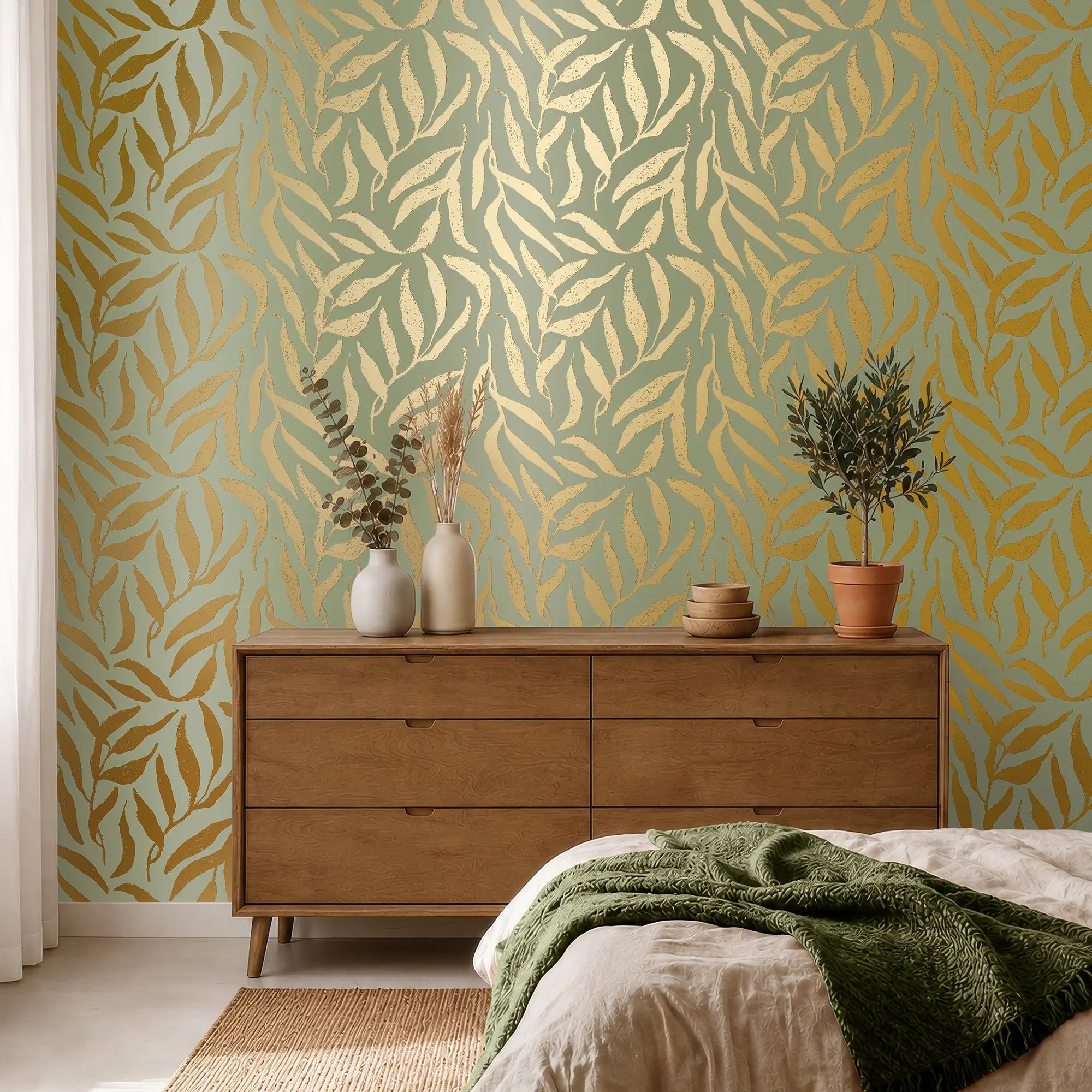 Olive Leaf Wallpaper in Sage Green with Gold Foil